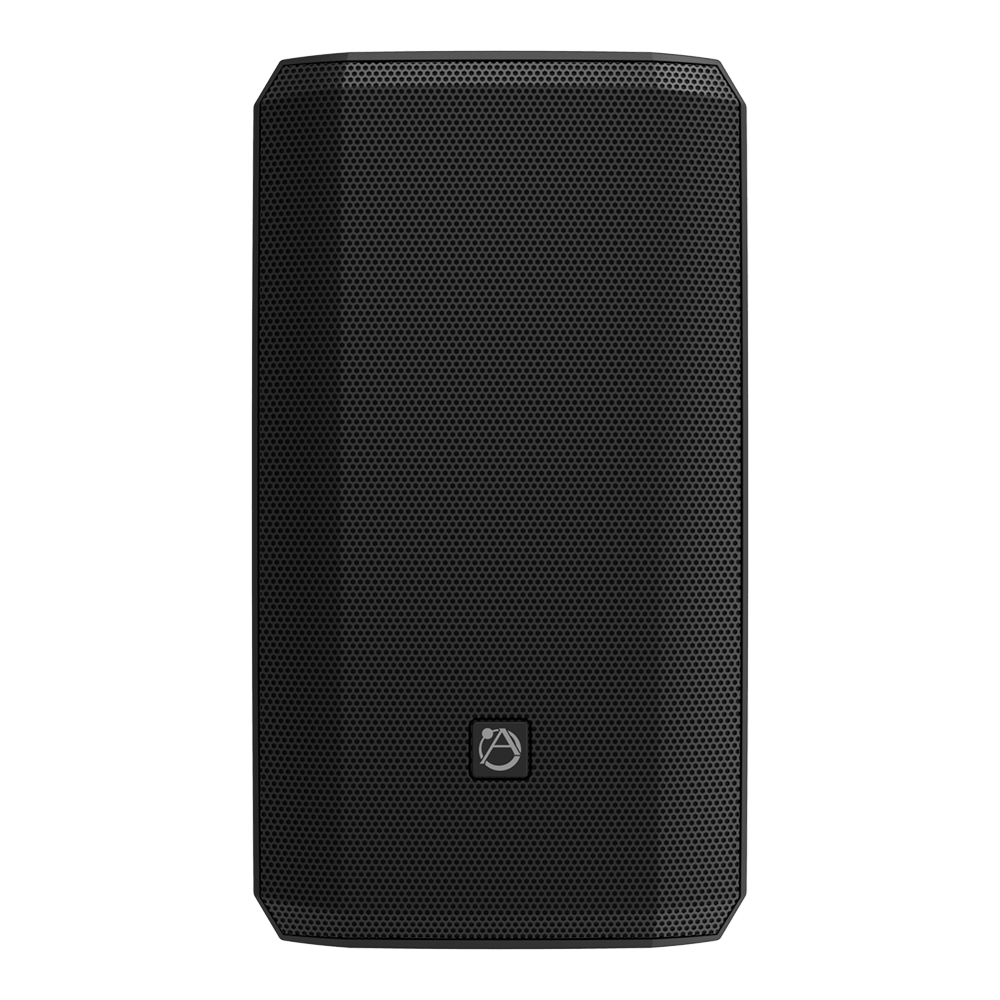 Front view of an AtlasIED AS-Series black surface-mount speaker with perforated grille.