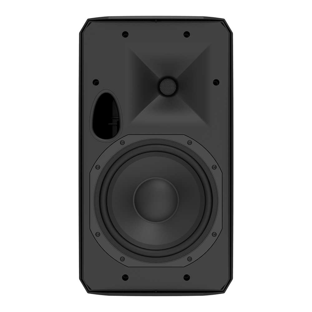 Front view of an AtlasIED AS-Series black surface-mount speaker showing woofer, tweeter, and port.