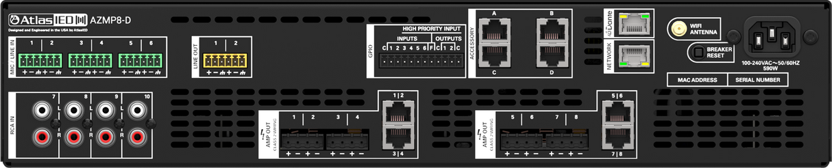 AtlasIED AZMP8-D 8-Zone Powered DSP Processor – 1200W Amplification & Dante Networking