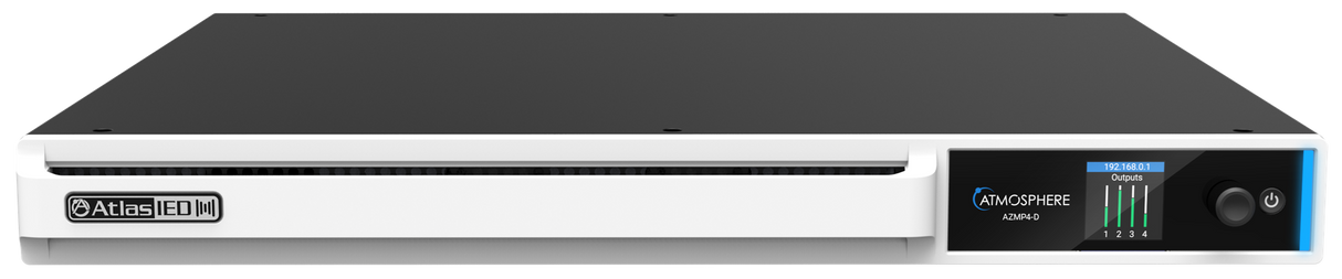 Front view of the AtlasIED Atmosphere AZMP4-D 4-zone DSP mixer amplifier with display screen and power button.