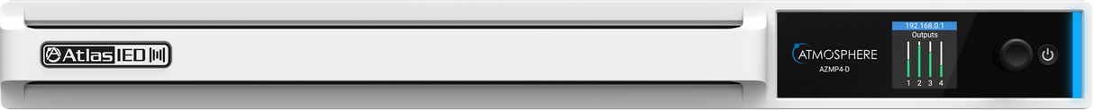 Front view of the AtlasIED Atmosphere AZMP4-D 4-zone DSP mixer amplifier with display screen and power button.