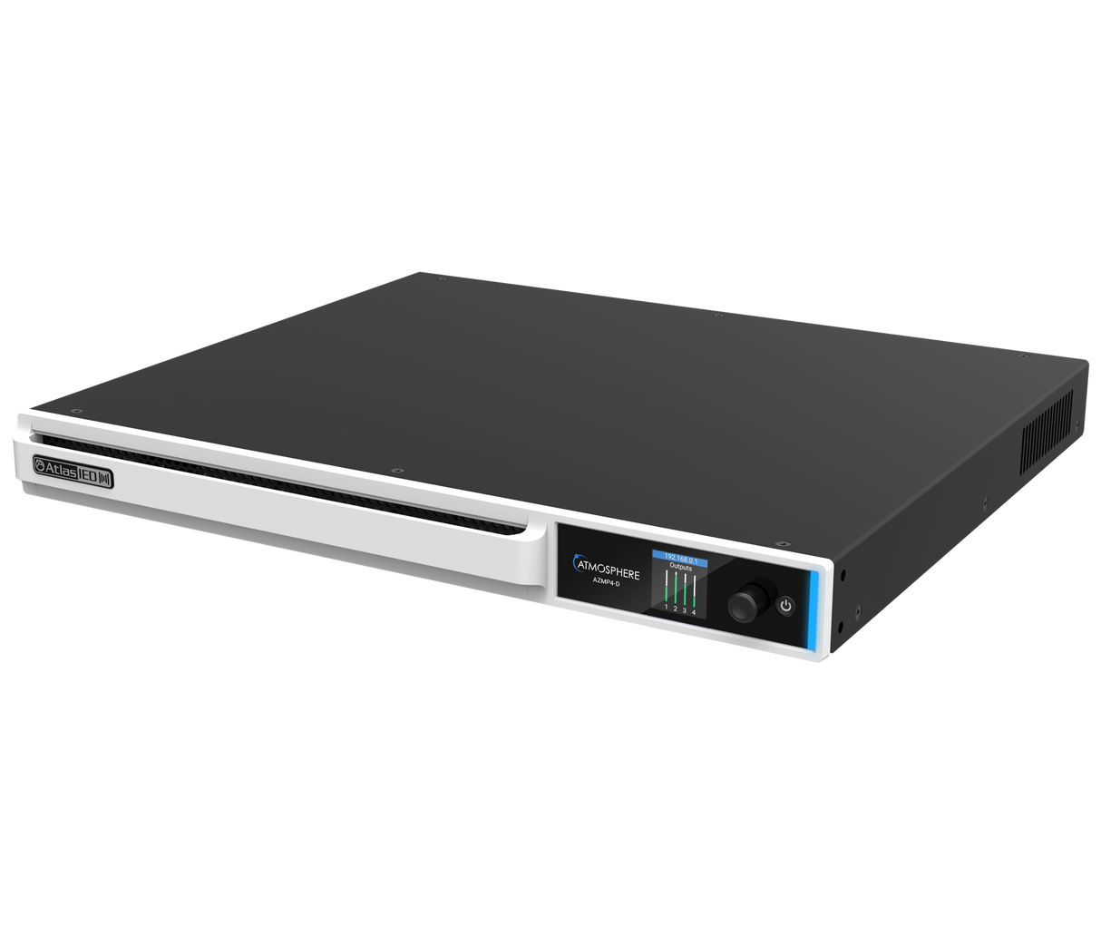 AtlasIED Atmosphere AZMP4-D 4-zone DSP mixer amplifier shown in angled front view with display screen and control knob.