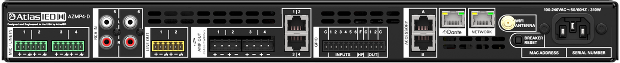 Rear panel of the AtlasIED Atmosphere AZMP4-D showing mic/line inputs, RCA inputs, line outputs, GPIO, accessory ports, Dante and network ports, WiFi antenna, and power input.
