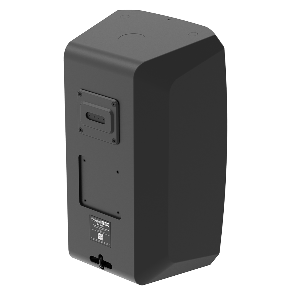 Rear and side view of an AtlasIED AS-Series surface-mount speaker in black.