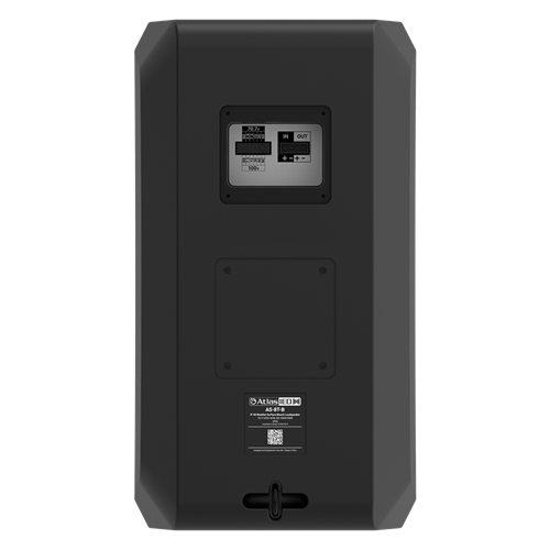 Rear view of the Black AtlasIED AS-series surface-mount speaker showing connection panel.