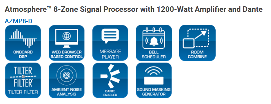 AtlasIED AZMP8-D 8-Zone Powered DSP Processor – 1200W Amplification & Dante Networking