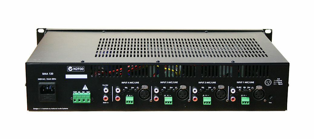 Rear panel of the inDESIGN BMA120 120W 100V mixer amplifier showing power input, 4 mic/line inputs, RCA connectors, terminal outputs, pre-out link and cooling vents.