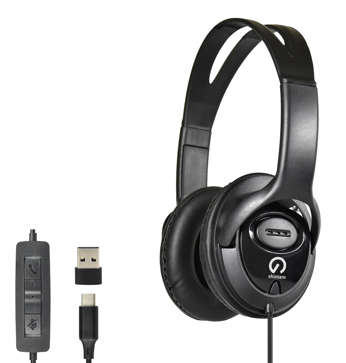 Shintaro SH-123 over-ear headset with in-line controller and USB-C to USB-A connection.