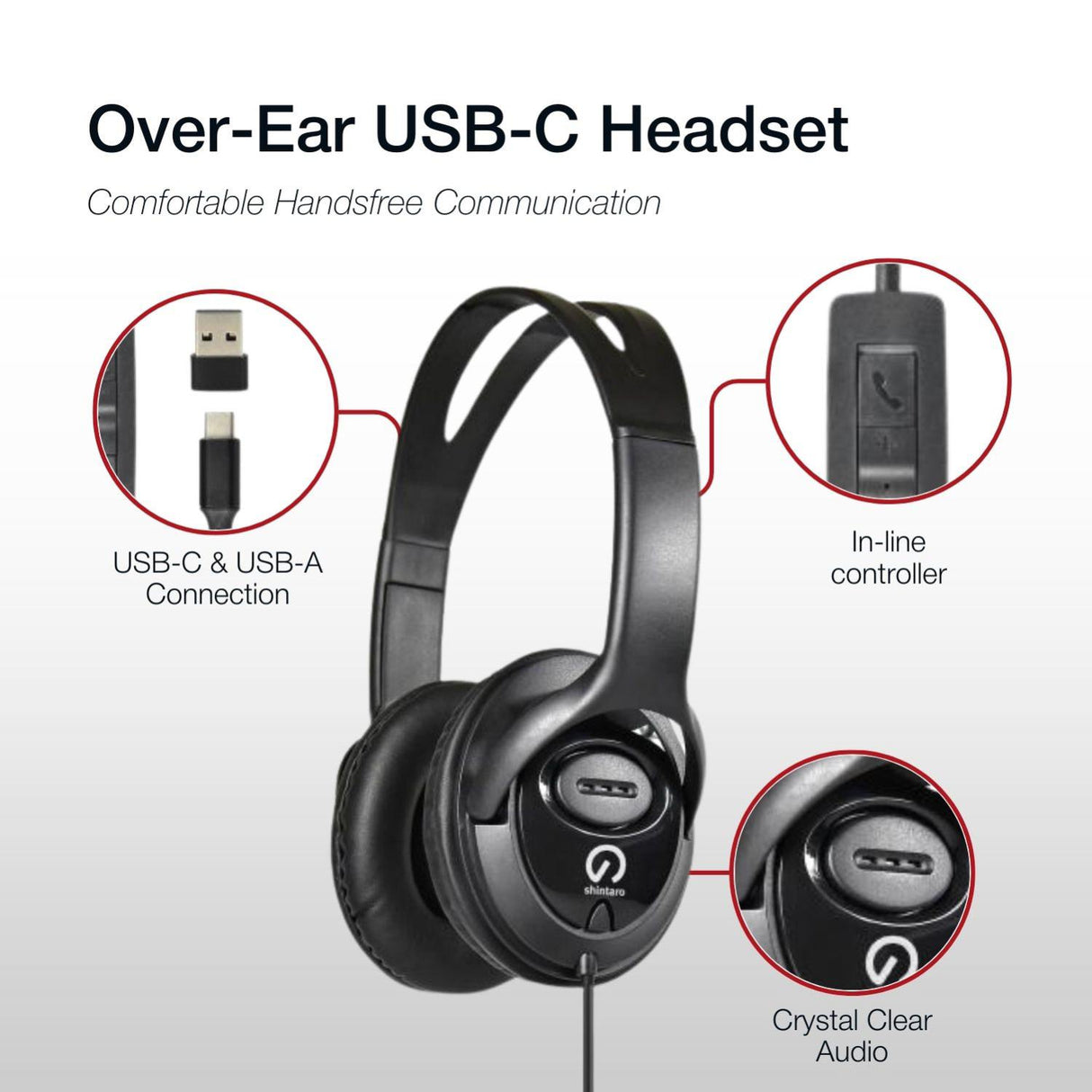 Shintaro SH-123 headset with USB-C and USB-A connectors, in-line controller, and over-ear design.