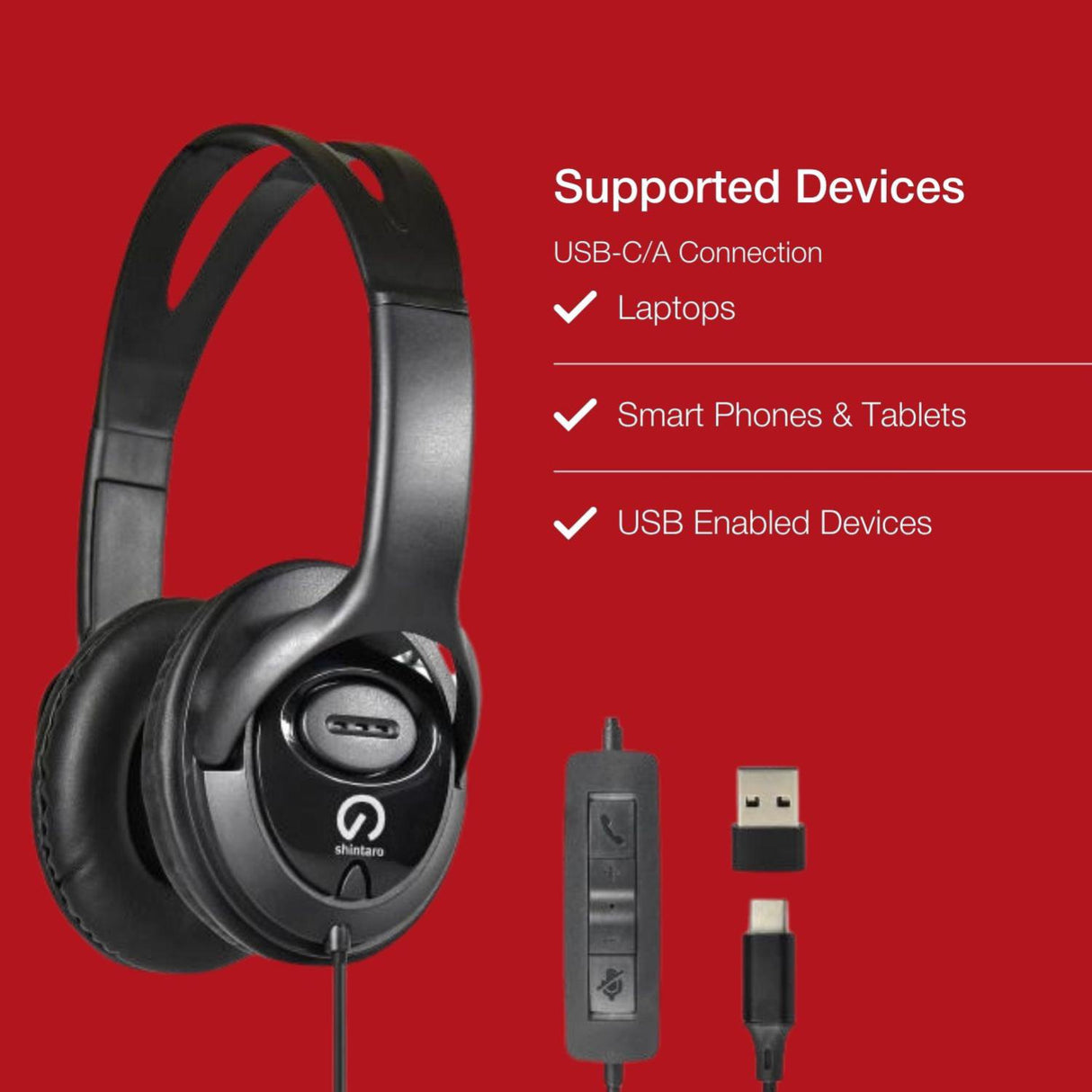 Shintaro SH-123 headset with USB controls and supported device list.