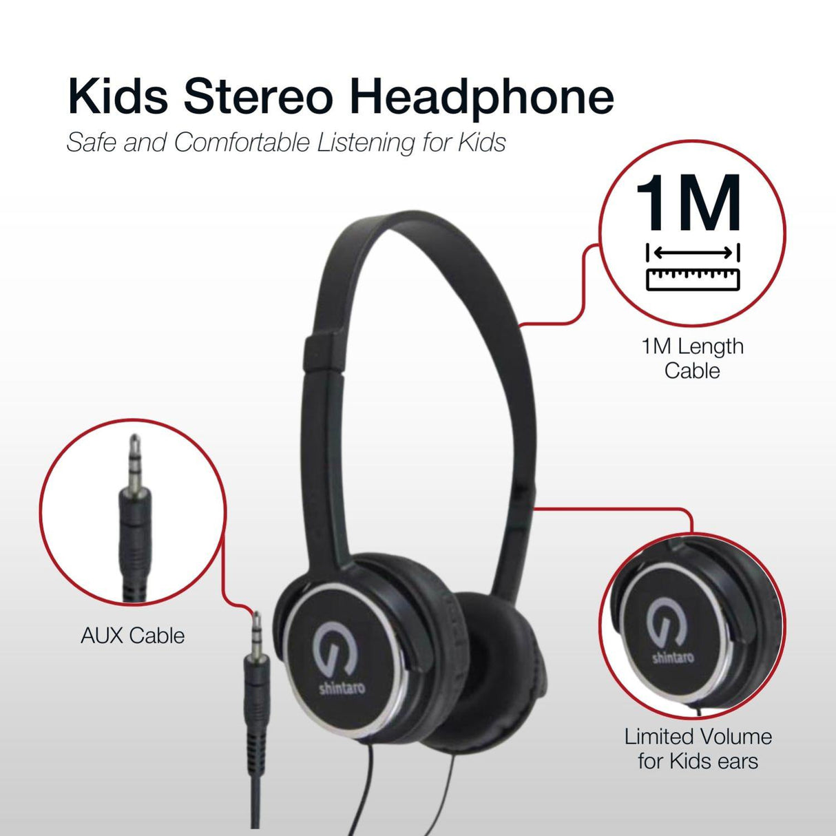 Shintaro SH-KHBLK kids stereo headphones with 1m cable and volume-limited design.