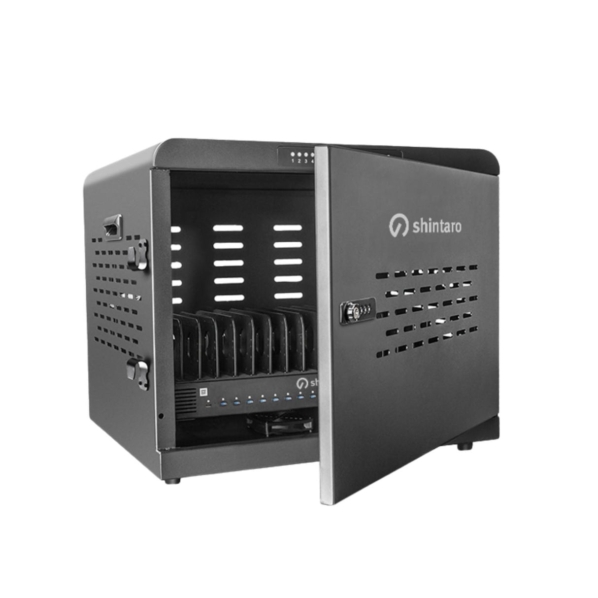 Shintaro SH-MDUC-C16S 16-port USB-C charging cabinet with open door, combo lock, internal device slots, and front ventilation.