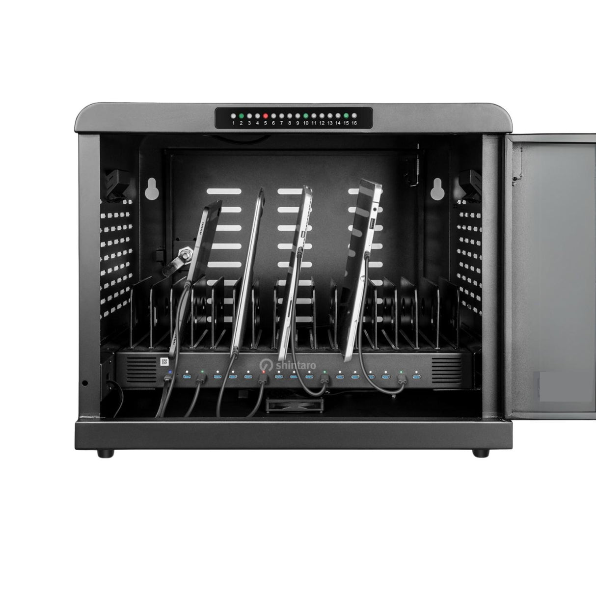 Shintaro SH-MDUC-C16S charging cabinet with open door showing 16 USB-C bays, LED indicators and internal dividers.