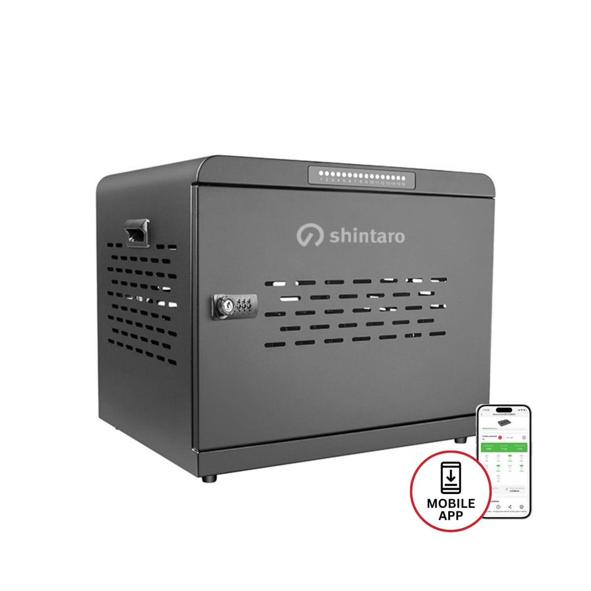 Shintaro SH-MDUC-C16S charging cabinet with front combination lock, ventilation slots and mobile app compatibility.