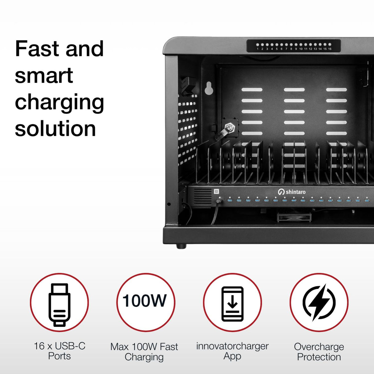 Shintaro SH-MDUC-C16S charging cabinet with 16 USB-C ports, internal device bays, and feature icons for fast charging, mobile app support, and overcharge protection.