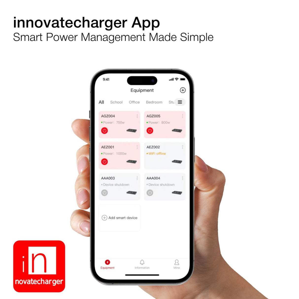 Shintaro Innovatecharger app interface for managing connected charging devices.