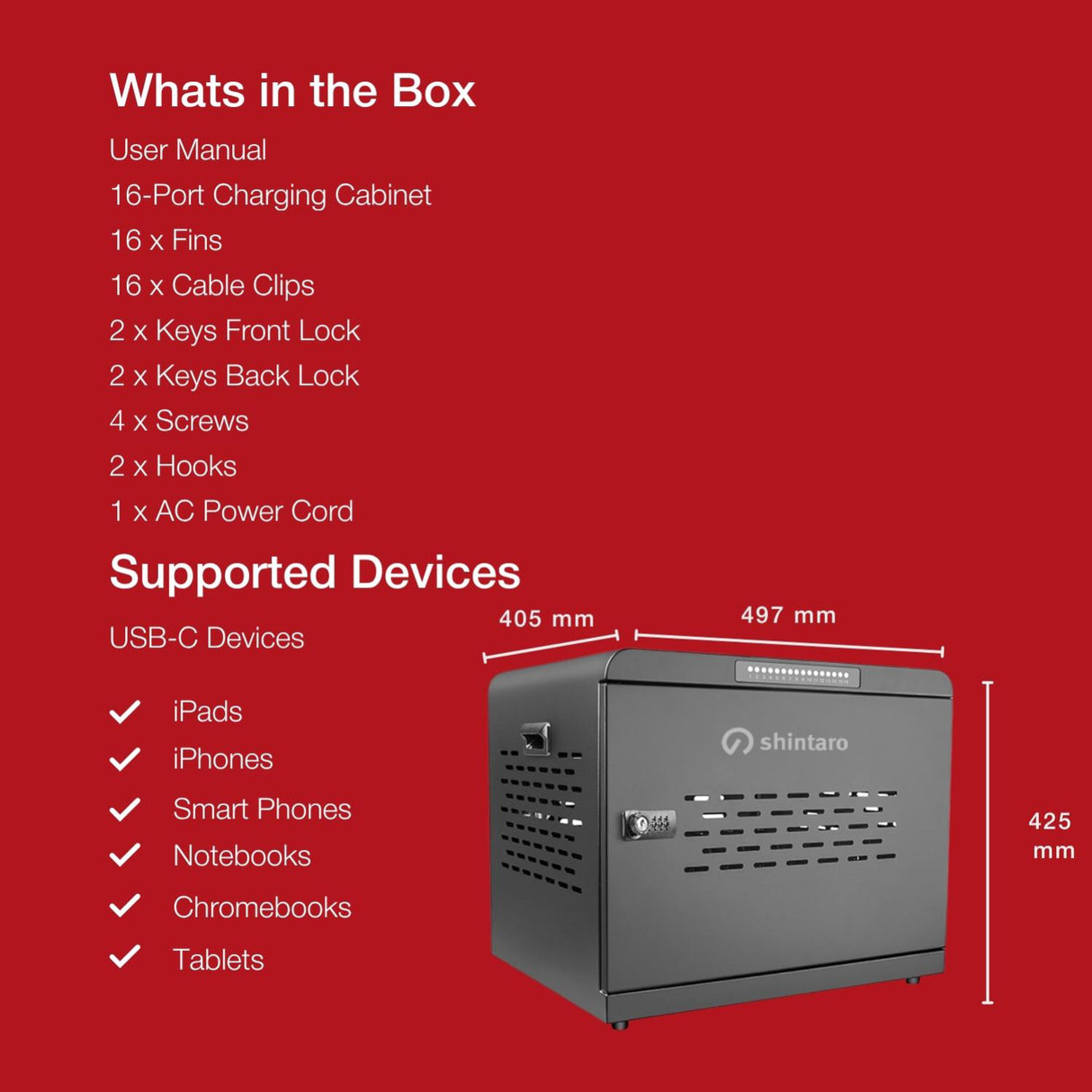 Shintaro SH-MDUC-C16S charging cabinet shown with box contents, supported devices list, and product dimensions.