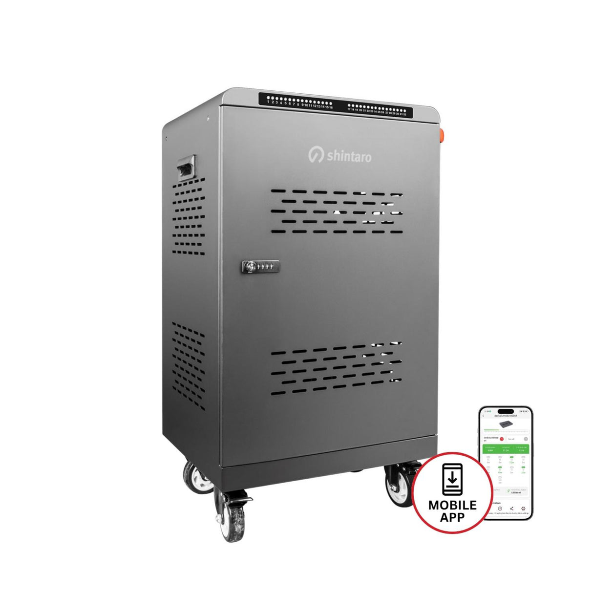 Shintaro SH-MDUC-C32S 32-device charging cabinet with mobile app control icon.