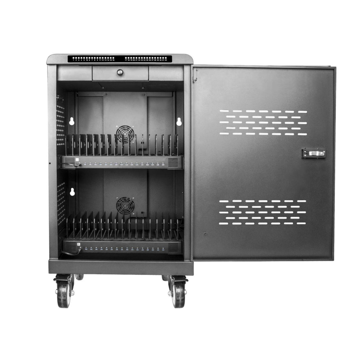 Shintaro SH-MDUC-C32S charging cabinet with open door and shelving.