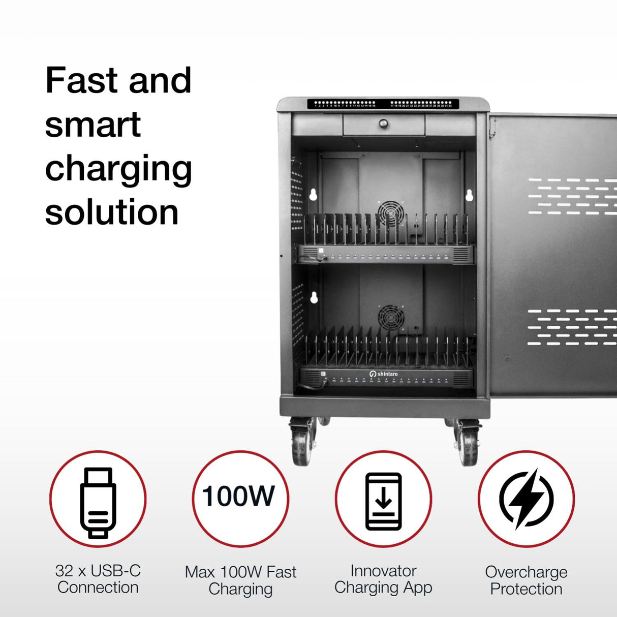 Shintaro SH-MDUC-C32S charging cabinet with open door, shelving, and feature icons.