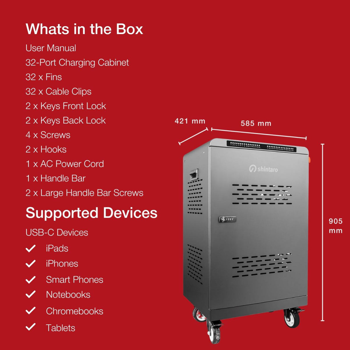 Shintaro SH-MDUC-C32S 32-port charging cabinet with dimensions and supported device icons on a red background.