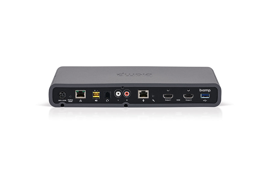 Biamp Devio SCR-25TX Conferencing Hub + Parlé Tabletop Mic - White Unified Communications – Rear View