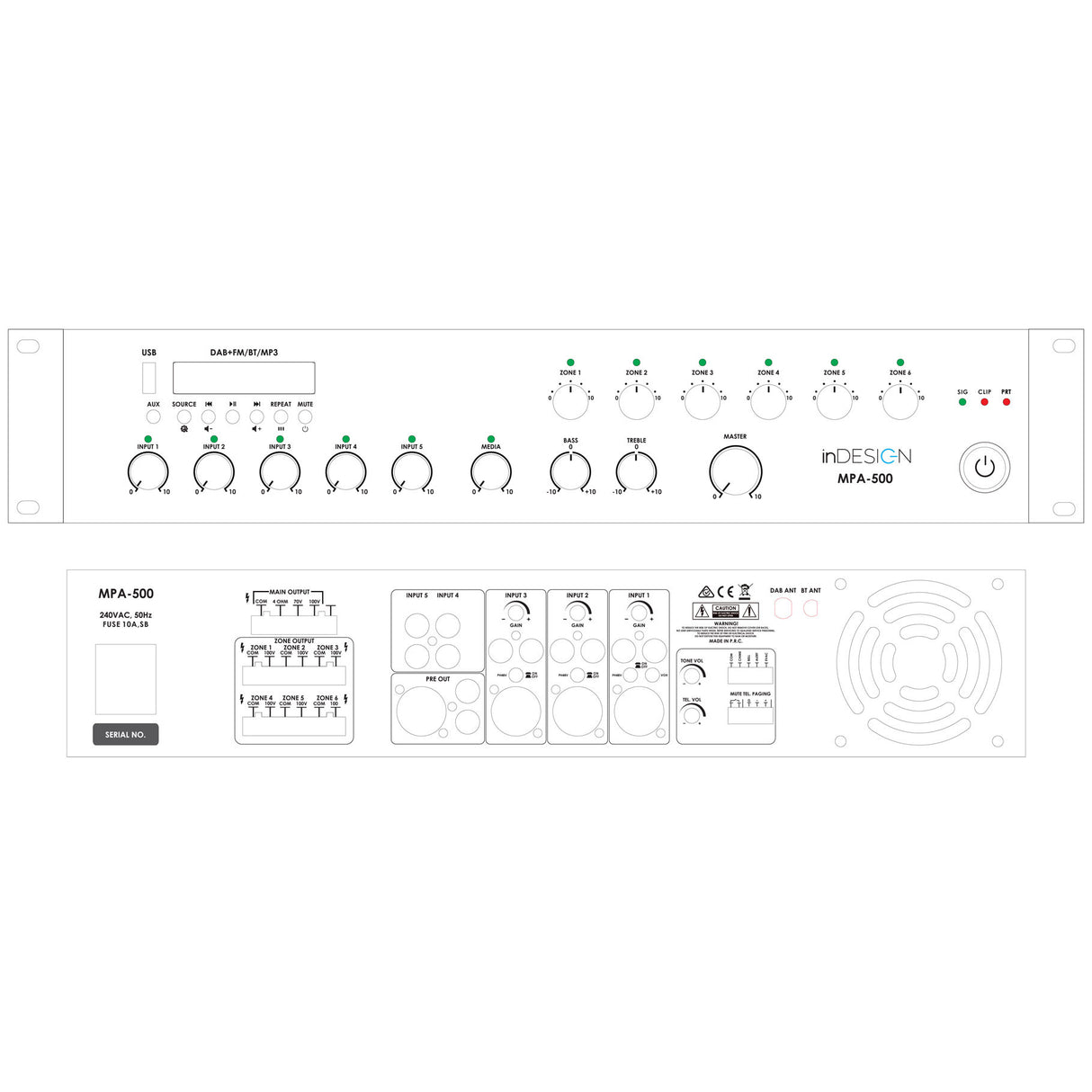 inDESIGN MPA-500 500W 6-Zone Mixer Amplifier (2RU)
