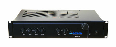 inDESIGN BMA120 120W 100V mixer amplifier, front panel with input controls, tone controls and master volume, rackmount 2RU design.
