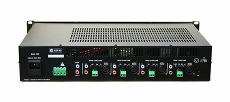 Rear panel of the inDESIGN BMA120 120W 100V mixer amplifier showing power input, 4 mic/line inputs, RCA connectors, terminal outputs, pre-out link and cooling vents.