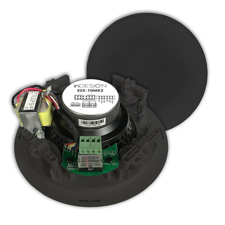 Front and rear view of the inDESIGN EZ5-10MK2 ceiling speaker showing driver, transformer, terminals and removable grille.