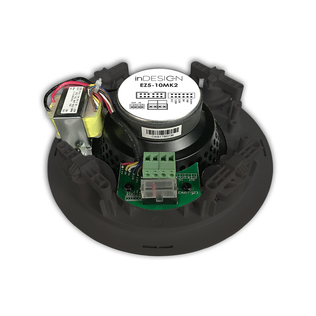 Rear view of the inDESIGN EZ5-10MK2 ceiling speaker showing driver, transformer and wiring terminals.
