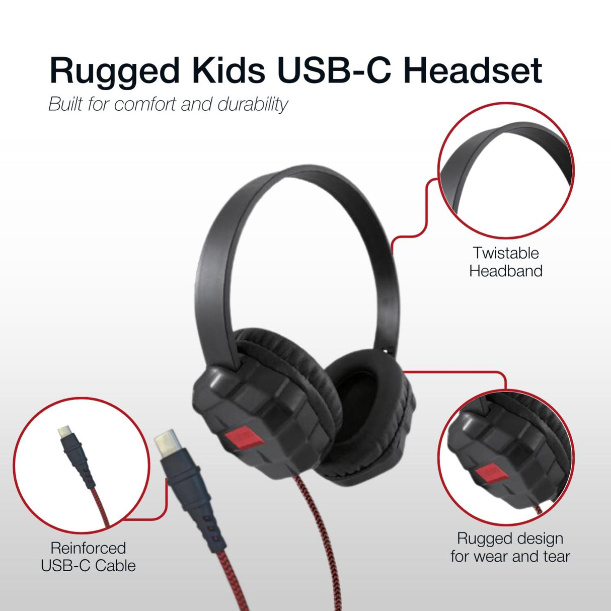 Shintaro Rugged Kids USB-C Headset – Safe Volume Cap, Twistable Headband, 40mm Drivers, 1.5m Cable