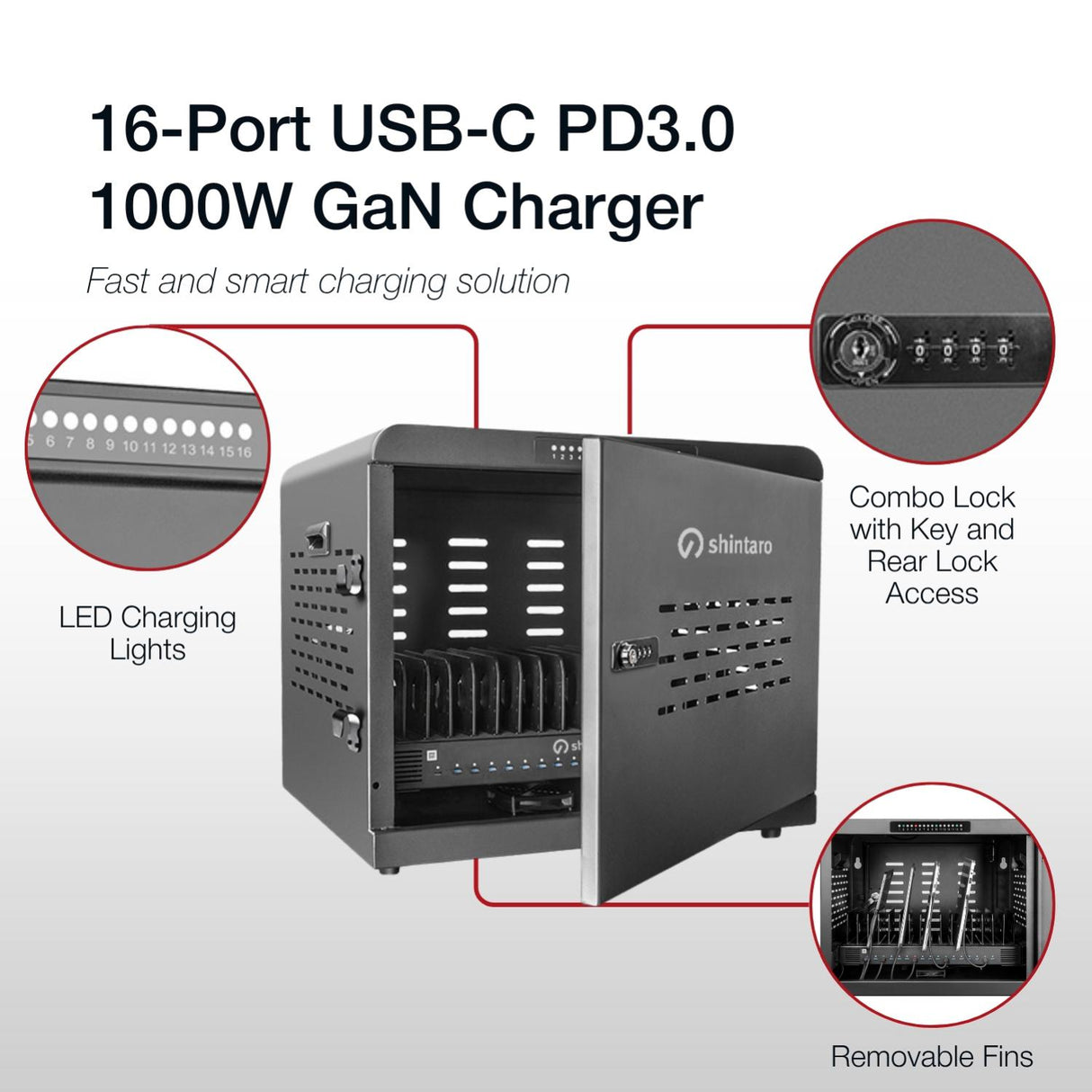 Shintaro 16-Port USB-C PD3.0 1000W GaN Charging Cabinet – Smart Power Management via App