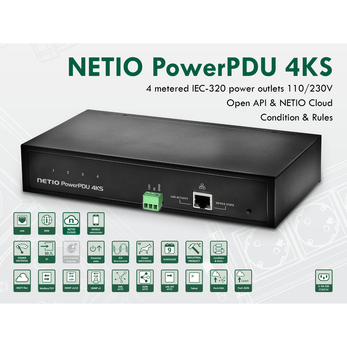 NETIO PowerPDU 4KS 4-Outlet Metered IP-Controlled PDU (Desktop)