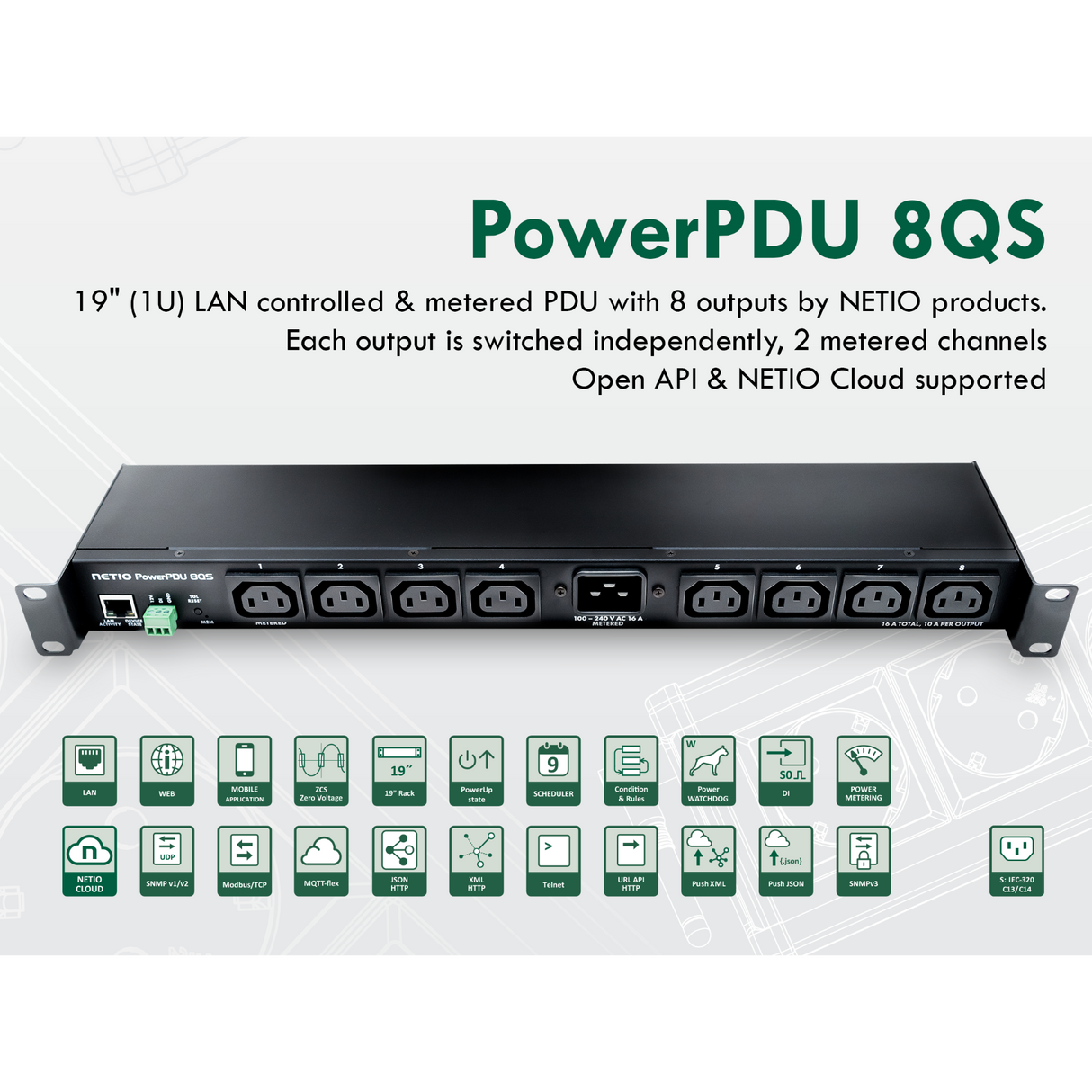 NETIO PowerPDU 8QS 8-Outlet Rack-Mount PDU (Partial Metering)