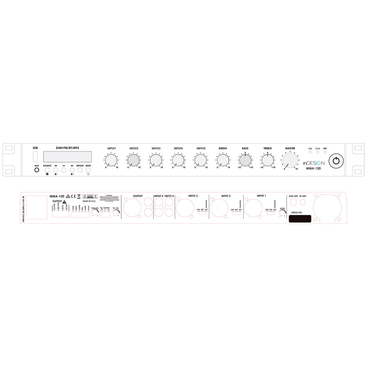 inDESIGN MMA-120 - 120W mixer amplifier, DAB+/Bluetooth/USB, 1RU